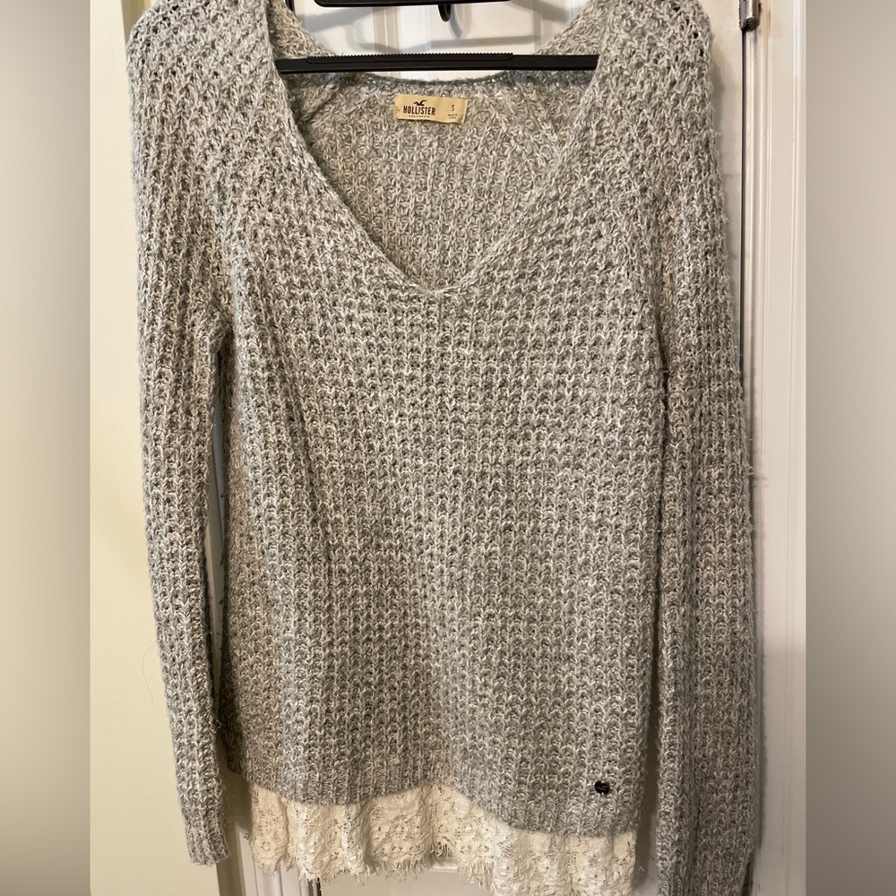 Hollister Grey Sweater White Lace Trim Size Small
